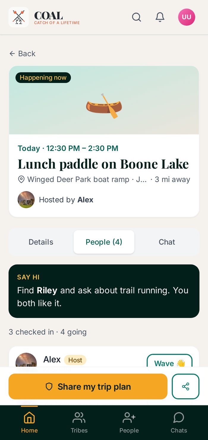An outing happening now, with who has checked in and a Share my trip plan button
