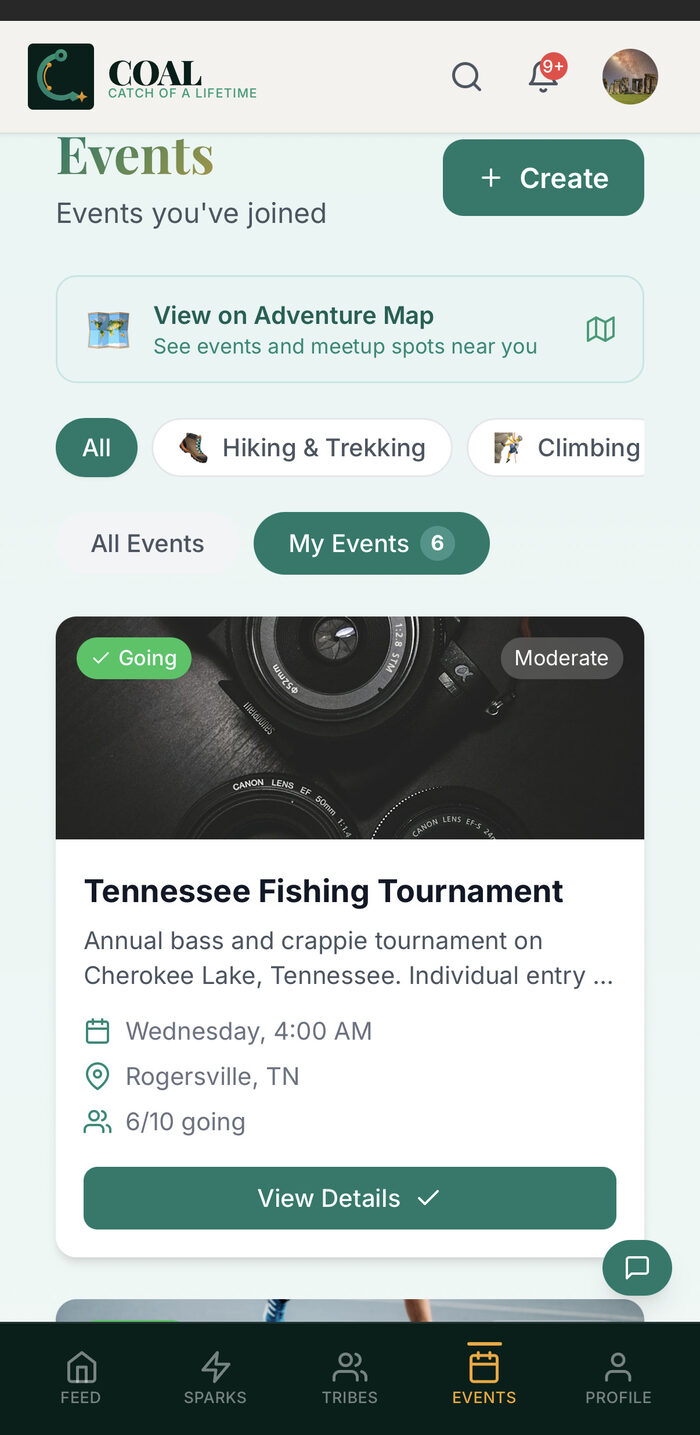 Events screen showing upcoming outdoor meetups