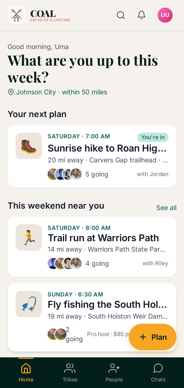 Home screen showing your next plan and outings near you this weekend