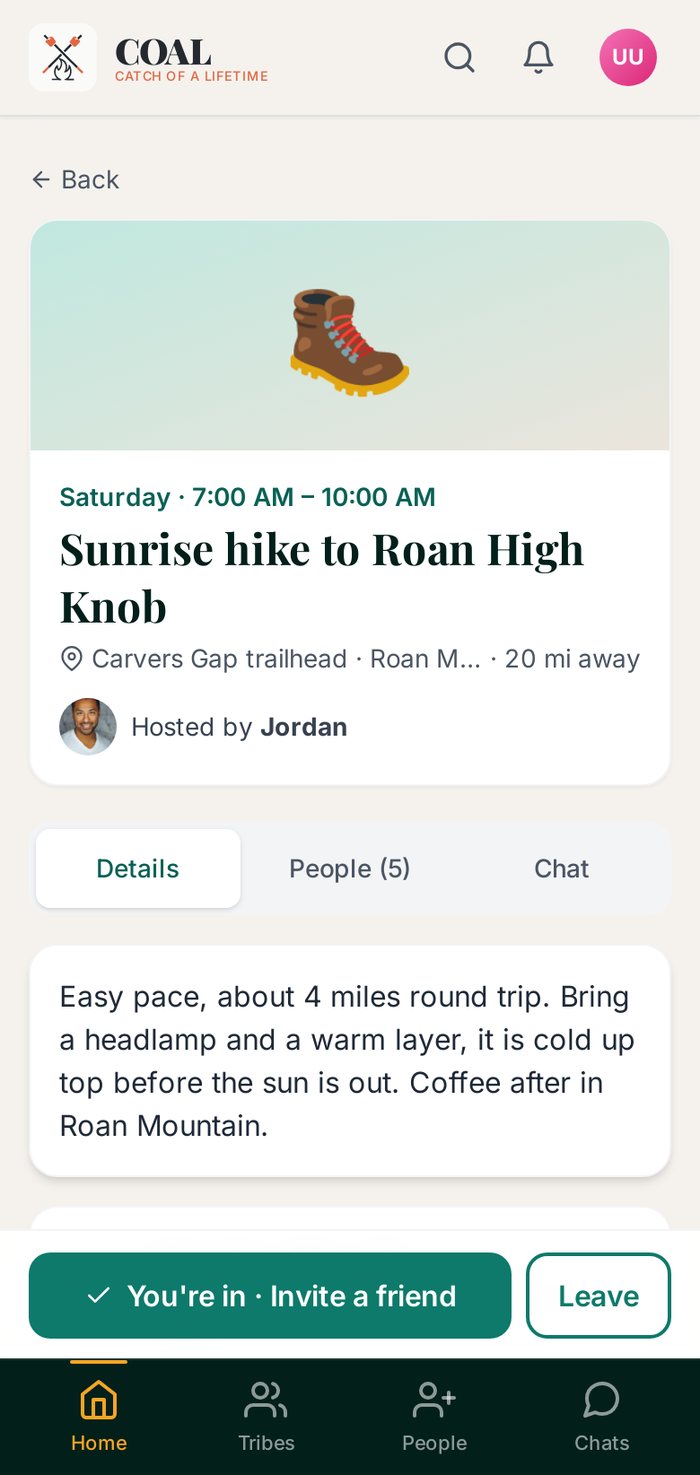 An outing page with the meeting spot, host and who is going