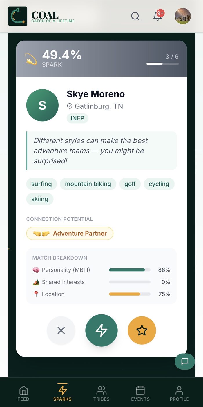 Sparks matching screen showing a potential adventure partner