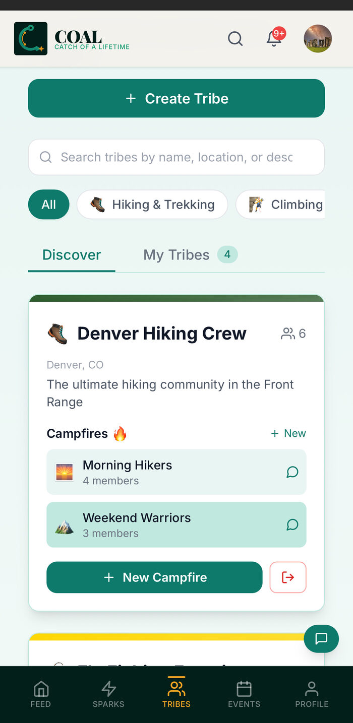Tribes screen showing local outdoor community groups